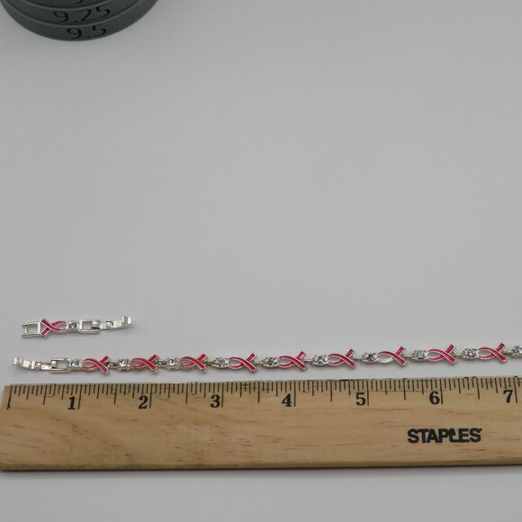 Avon Pink Ribbon Breast Cancer Awareness Silver Tone Rhinestone Tennis Bracelet - Picture 9 of 9